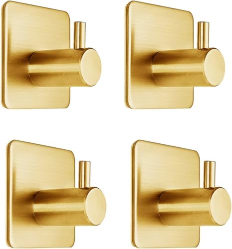 Fotosnow Gold Adhesive Hooks 15LB (Max), Non Tarnish Sticky Hooks for Hanging Towels, Coat, Backpack, Purse, Hat, Key, Self-Adhesive Towel Holder for Shower Closet Bathroom-4 Packs by Fotosnow