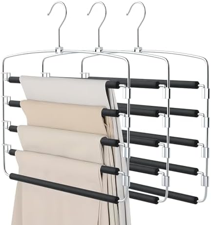 Pants Hangers, 3 Pack Anti-Slip Space Saving Hangers, 5 Layer Swing Arm Pants Hanger Stainless Steel with Non-Slip Padding, Closet Organizers & Storage for Pants Trousers Jeans Scarf by cycleacc
