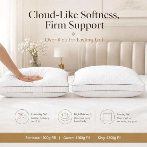 Pillows Standard Size Set of 2, Bed Pillows for Sleeping with 100% Cotton Shell, Soft Supportive 3D Down Alternative Hotel Pillows, Gusseted Pillow Set for Side Back Stomach Sleepers, White - Image 3
