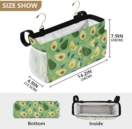 Bedside Caddy Hanging Bunk Bed Caddy Bed Organizer Hanging Pocket with 2 Hooks Bedside Storage Organizer Pocket Bag Holder Green Avocado and Leaf - Image 4