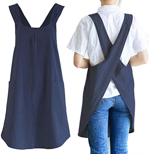 NEWGEM Japanese Cotton Linen Cross Back Cooking Apron for Women Men with Pockets Cute for Baking Kitchen by NEWGEM
