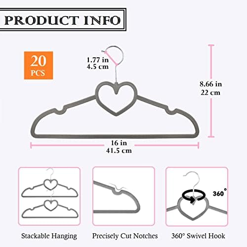Velvet Hangers 20 Pack,16 Inch Non Slip Adult Heart Hanger (Grey) - Image 6