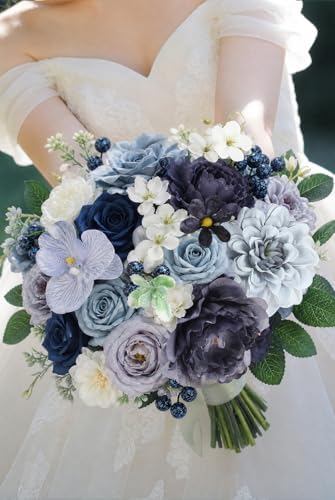 LELEE Fake Flowers Artificial Flowers Peonies Bulbous Daisy Rose Dusty Blue - Image 5