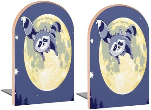 Book Ends Raccoon Moon Wood Bookends for Shelves to Hold Books Heavy Duty Non-Skid Book Stoppers Wood Decorative Home Office School by Buyidec
