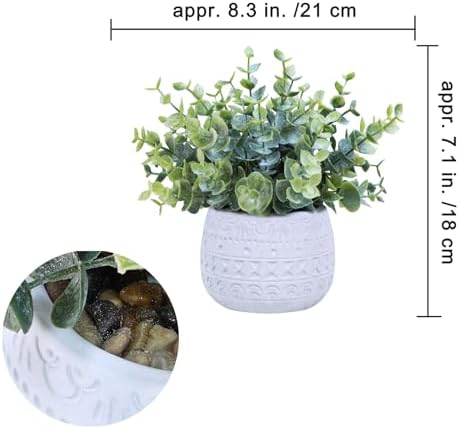 Winlyn Set of 2 Small Artificial Potted Plants Faux Eucalyptus Plant in White Geometric Ceramic Pots Small Desk Potted Plants 7.1" Tall for Home Office Room Decorations Wedding Greenery Centerpiece - Image 2