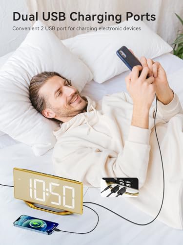 Digital Alarm Clock for Bedrooms, LED Desk Clock with Gold Mirror Finish - Image 4