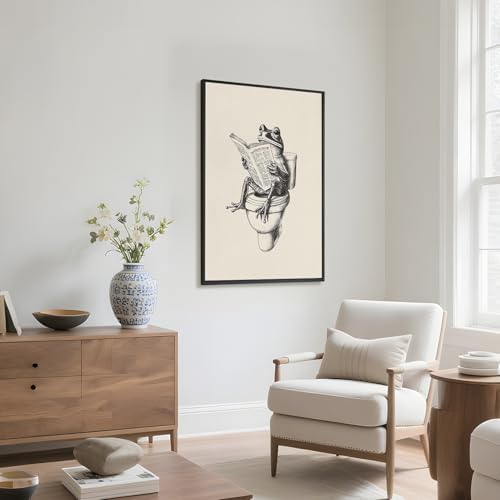 RINMFEO Funny Frog Bathroom Canvas Art Retro Frog on Toilet Reading Newspaper Quirky Wall Decor Playful Animal Poster 16x24inch Black frame - Image 5