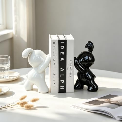 Glossy Ceramic Bunny Bookends Pair, Cute Rabbit Sculpture Book Stoppers, Smooth Shiny Finish Decorative Book Holders for Shelf Tabletop, Minimalist Modern Home Decor Gift for Kids & Book Lovers - Image 2