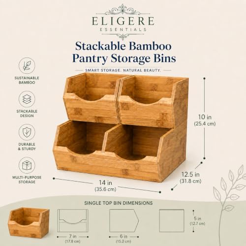 3 Piece Stackable Bamboo Pantry Storage Bins, Potato and Onion Storage, Fruit & Vegetable Container Baskets for Kitchen Countertop, Easy Front Access, Multipurpose organization - Image 3