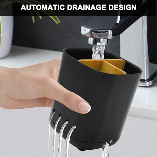 Toothbrush Holder with Bamboo Divider,Detachable for Easy Cleaning Bathroom Countertop Organizer,Plastic 3 Slots Electric Toothbrush and Toothpaste Holders Storage Caddy for Bathroom Vanity,Sink-Black - Image 5