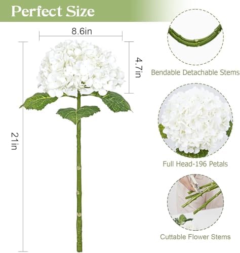 Waipfaru 21" Real Touch White Hydrangea Artificial Flowers with Long Stem & Leaves, Full Latex Faux Hydrangea Flowers for Home Decor Party Floral Arrangements Wedding Bouquets Centerpieces, 5Pcs - Image 4