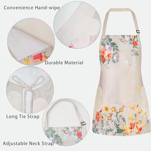 DILLMAN 2 Pack Floral Aprons with Pocket Blooming Womens Waterproof Adjustable Cooking Aprons Kitchen Gardening Salon - Image 4