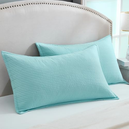 Stripe Quilted Pillowcases Set of 2, King Size Envelope Pillow Covers Soft Breathable Pillow Shams for Bed Couch (Aqua, 20"x36") - Image 2