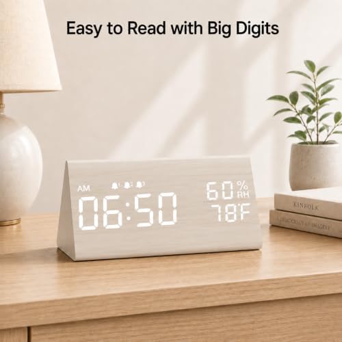 JALL Wooden Digital Alarm Clock for Bedrooms and Office, 3 Alarms with Big Digits, Humidity and Temperature Display, 6-Level Dimmer, Snooze, Loud Desk Clock for Heavy Sleepers, Plug in (White) - Image 2