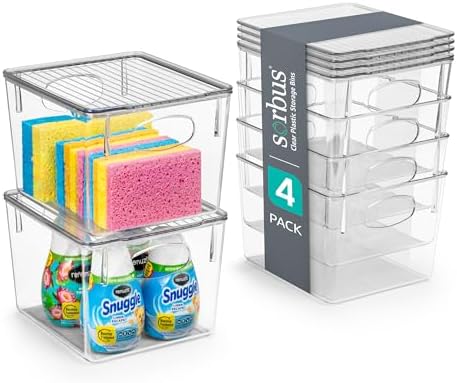 Sorbus Medium Clear Plastic Storage Bins with Lids, Clear Stackable Storage Bins, Laundry Room Organizer Bins, Office, Classroom, Playroom, Bathroom, Laundry Room Organization and Storage (4 Pack) by Sorbus