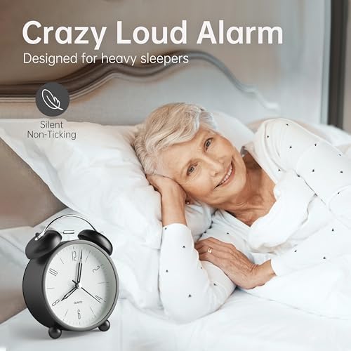Twin Bell Loud Alarm Analog Alarm Clock, 4 inch Super Silent Non Ticking Small Clock with Night Light, Battery Operated, Simple Design, Old Fashioned, for Heavy Sleeper, Bedroom, Bedside, Desk, Black - Image 2