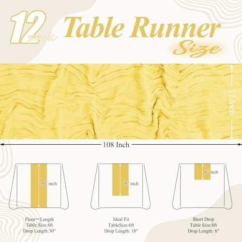 12 Pack Light Yellow Cheesecloth Table Runner 17x108 Inch Boho Gauze Cheese Cloth Table Runners Rustic Sheer Runner for Wedding Party Baby Shower Birthday Home Decor - Image 2
