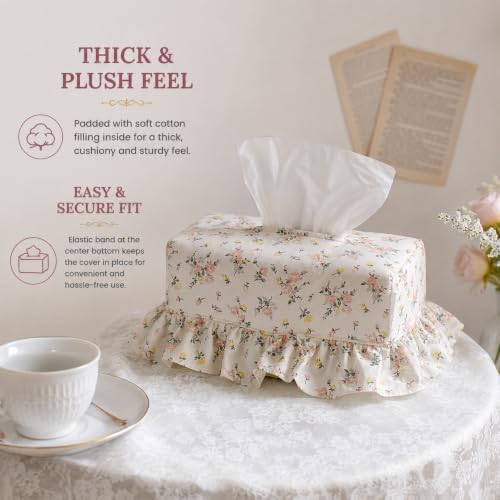 Cotton Tissue Box Cover, Thick Padded Rectangle with Lace, Rose Floral - Image 2