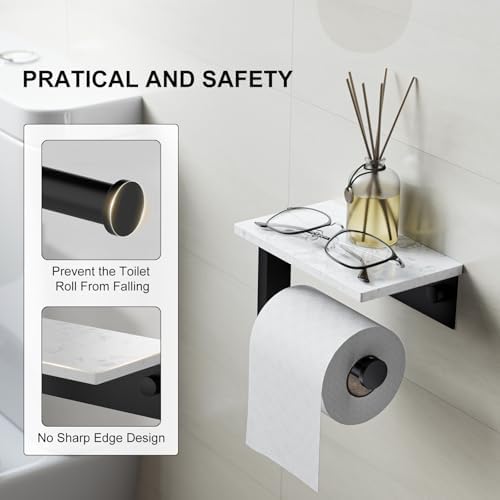 Matte Black Toilet Paper Holder with Marble Shelf Tissue Roll Holder - Image 4
