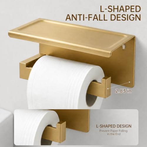 Wall Mounted Toilet Paper Holder with Shelf, 1.5mm, Brushed Gold - Image 4