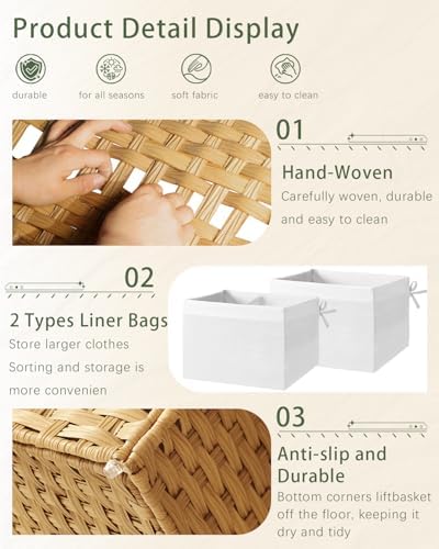 SETVSON Storage Basket with Lid Rattan Woven Storage Baskets with 2 Separate Lids, 17.2 Gallon (65 L), 22 x 13 x 13.8 Inches,Foldable, 2 Removable Liner Bags Handles for Bedroom, Laundry Room Natural - Image 5