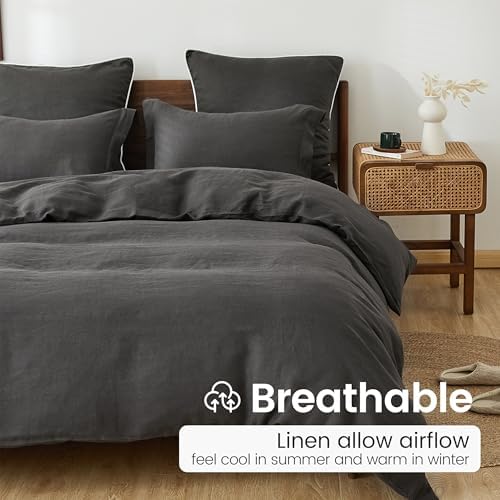 100% French Linen Pillow Shams Basic Style - Pack of 2 - Washed Solid Color Natural Flax Soft Breathable - Dark Grey, 20'' x 26'' - Image 3