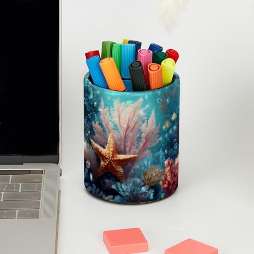 Underwater Corals and Starfish Leather Pen Holder for Desk, Multifunctional Desktop Organizer Pencil Cup, Desktop Caddy Stationery Organizer for School Home Office Desk Accessories - Image 5