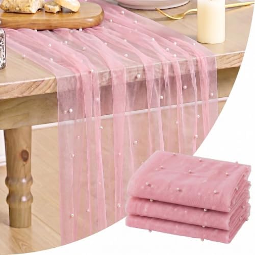 Artoid Mode 3-Pack Pearl Pastel Pink Gauze Table Runner 10FT Home Decor by ArtoidMode