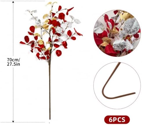 6Pcs Artificial Christmas Eucalyptus Stems 27.55 Inch Red Gold Silver Silk Faux Leaves Flexible Branches for Vase Table Centerpiece Xmas Home Wedding Decor - Image 3