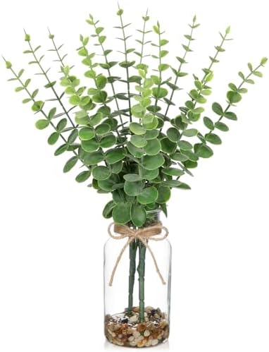 Hollyone Artificial Eucalyptus Stems in Glass Vase with Faux Water and Stones, 15.7" Fake Plants Eucalyptus Leaves Branch for Indoor Shelf Desk Home Bathroom Wedding Table Centerpiece Decor by Hollyone