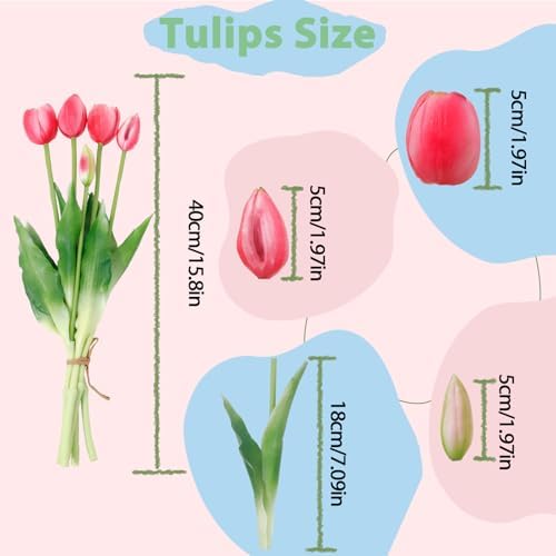 15 Pcs Deep Pink Artificial Tulips Fake Flowers, Premium Latex Lifelike Texture, UV Resistant Waterproof Faux Tulip Bouquets with Snap-on Petals for Outdoor, Home, Wedding Decor - Image 2