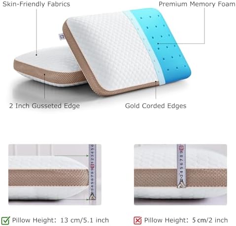 Memory Foam Pillows Standard Size, Medium Firm Pillow for Sleeping, Orthopedic Bed Pillow for Side, Back Sleepers, Ventilated Gel Foam Pillow with Washable Cover, 23.6" x 15.7"x 5.1" - Image 2