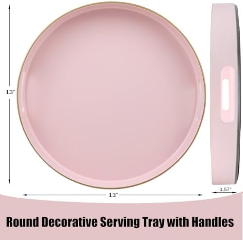 Pink Round Decorative Tray with Handles, 13" Versatile Serving Tray for Coffee Table, Ottoman, Ideal for Serving, Displaying, Organizing - Image 3