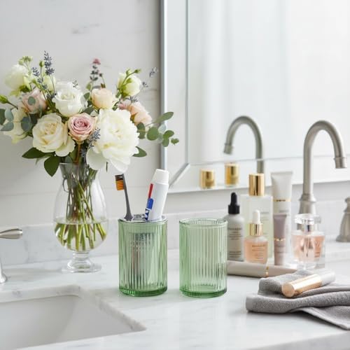 Green Toothbrush Holders for Bathrooms, 2pcs Glass Toothbrush Holder and 12oz Bathroom Tumbler Cup Set, Silver Tooth Brush and Toothpaste Organizer for Bathroom Vanity Countertop - Image 2