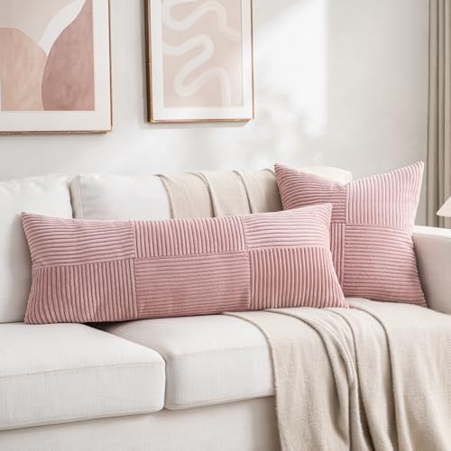 Fancy Homi 2 Packs Blush Pink Decorative Throw Pillow Covers 16x16 Inch for Living Room Couch Bed, Rustic Farmhouse Boho Home Decor, Soft Corss Patchwork Corduroy Textured Square Cushion Case 40x40 cm - Image 5