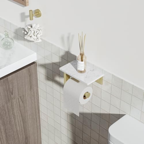 Brushed Gold Toilet Paper Holder with Marble Shelf Tissue Roll Holder - Image 2