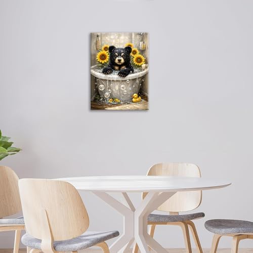 Sunflower Bear Bathroom Decor Pictures Wall Art, Funny Bear Bathroom Wall Decor, Animal Framed Painting Canvas Artwork for Bathroom Bedroom Living Room Decorations 20" L x 16" W - Image 4