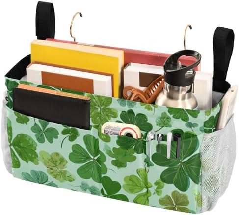 Bedside Caddy Hanging Bunk Bed Caddy Bed Organizer Hanging Pocket with 2 Hooks Bedside Storage Organizer Pocket Bag Holder Green Nature St Patrick Clovers - Image 3