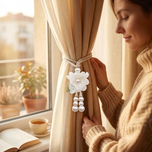 Adjustable Curtain Tiebacks， 4pcs(2pair) Hand-Woven Rope with Silk Flower & Pearl， Decorative Window Cord Holders for Drapery， Long Loop Design for All Curtain Thickness (Ivory White) - Image 5