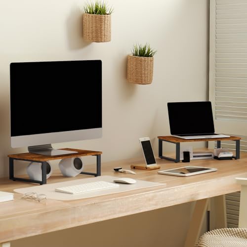 Wood Monitor Stand Riser, 2 Pack Desktop Laptop Riser for Dual Monitors & Printer, Engineered Wood Ergonomic Desktop Riser for Office PC Laptop, Rustic Brown - Image 3
