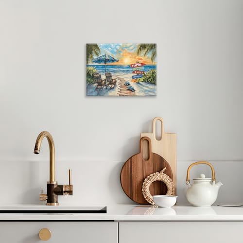 Beach Ocean Bathroom Pictures Wall Art, Seaside Coastal Bathroom Wall Decor, Sunrise Framed Painting Canvas Artwork for Bedroom Living Room Decorations 16" L x 12" W - Image 3