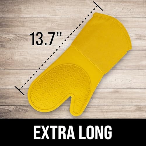 BPA-Free Soft Silicone Oven Mitts - Ultra Heat Resistant Oven Mitts with Thick Cotton Liner - Long Slip Resistant Pot Holders, Flexible Oven Gloves - Yellow 13.7" - Image 3