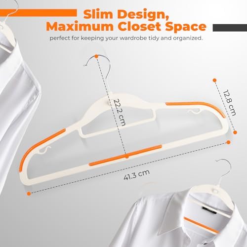 Lightweight White Plastic Hangers 20 Pack with Cascading Hook, Space Saving Thin, Closet Organizer, Orange Anti-Slip Pads, 360° Swivel, Tie Holder - Image 3