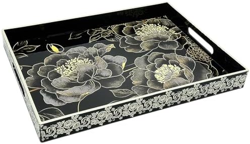 Serving Tray with Handles, 15.7 * 11.8 inches, Plastic Ottoman Tray with Exquisite Paintings, Trays for Coffee Table by PDUHKO