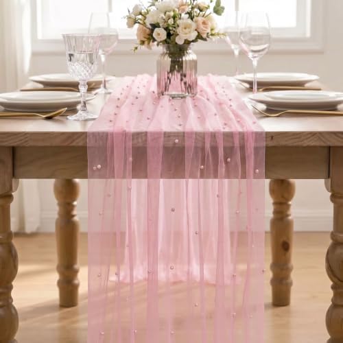 Artoid Mode 3-Pack Pearl Pastel Pink Gauze Table Runner 10FT Home Decor - Image 2
