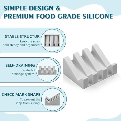 Self Draining Soap Dish Holder,Silicone Soap Dish,for Bathroom,Kitchen, Sponges，Can Extend Soap Life，Keep Soap Bars Dry and Easy Cleaning (Light Grey,1-Pack) - Image 3
