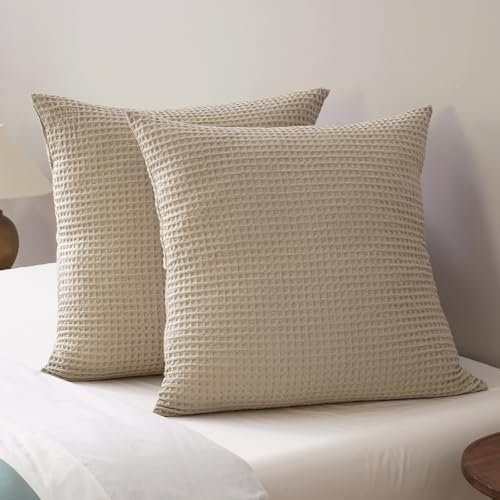 PHF Ultra Soft Waffle Weave Euro Shams 26" x 26", Khaki, No Insert by PHF