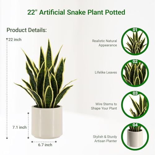 Faux Snake Plant 22" Tall, Realistic Touch Leaves, Potted Artificial Plants Indoor for Home Decor Small Office Home Living Room-Yellow - Image 2