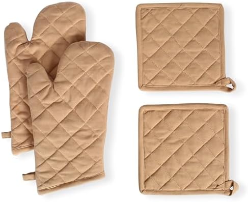 Native Fab Pot Holders and Oven Mitts Sets for Kitchen Heat Resistant- Hanging Non-Slip - 100% Cotton Oven Mitts and Pot Holders 4-Piece Set- Beige by NativeFab
