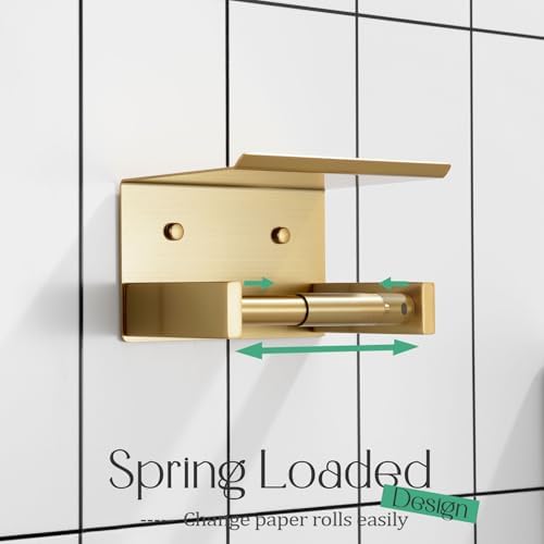 KOKOSIRI Roll Paper Holder Spring Loaded Tissue Paper Holder Bathroom Toilet Roll Holder with Shelf Wall Mounted Stainless Steel Brushed Gold B2012BG - Image 5